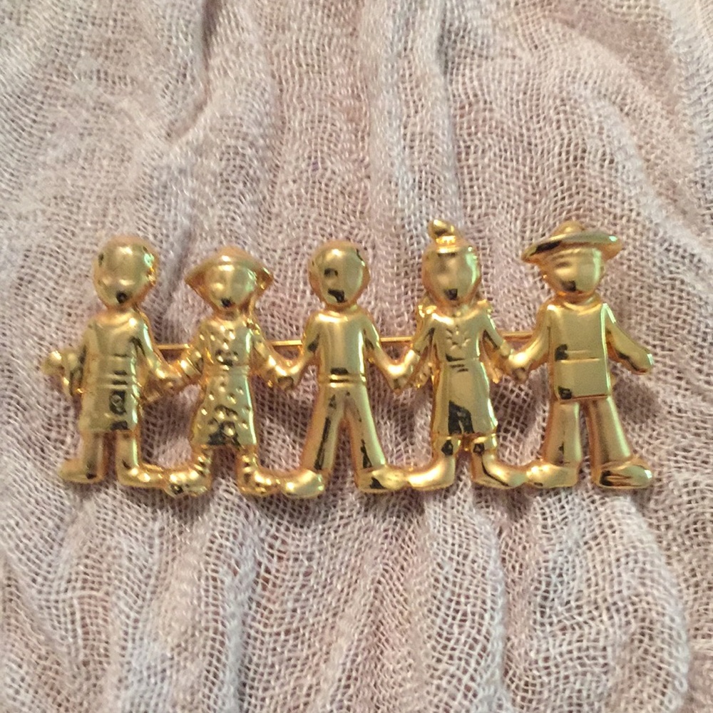 Goldtone Children of the World Brooch Pin